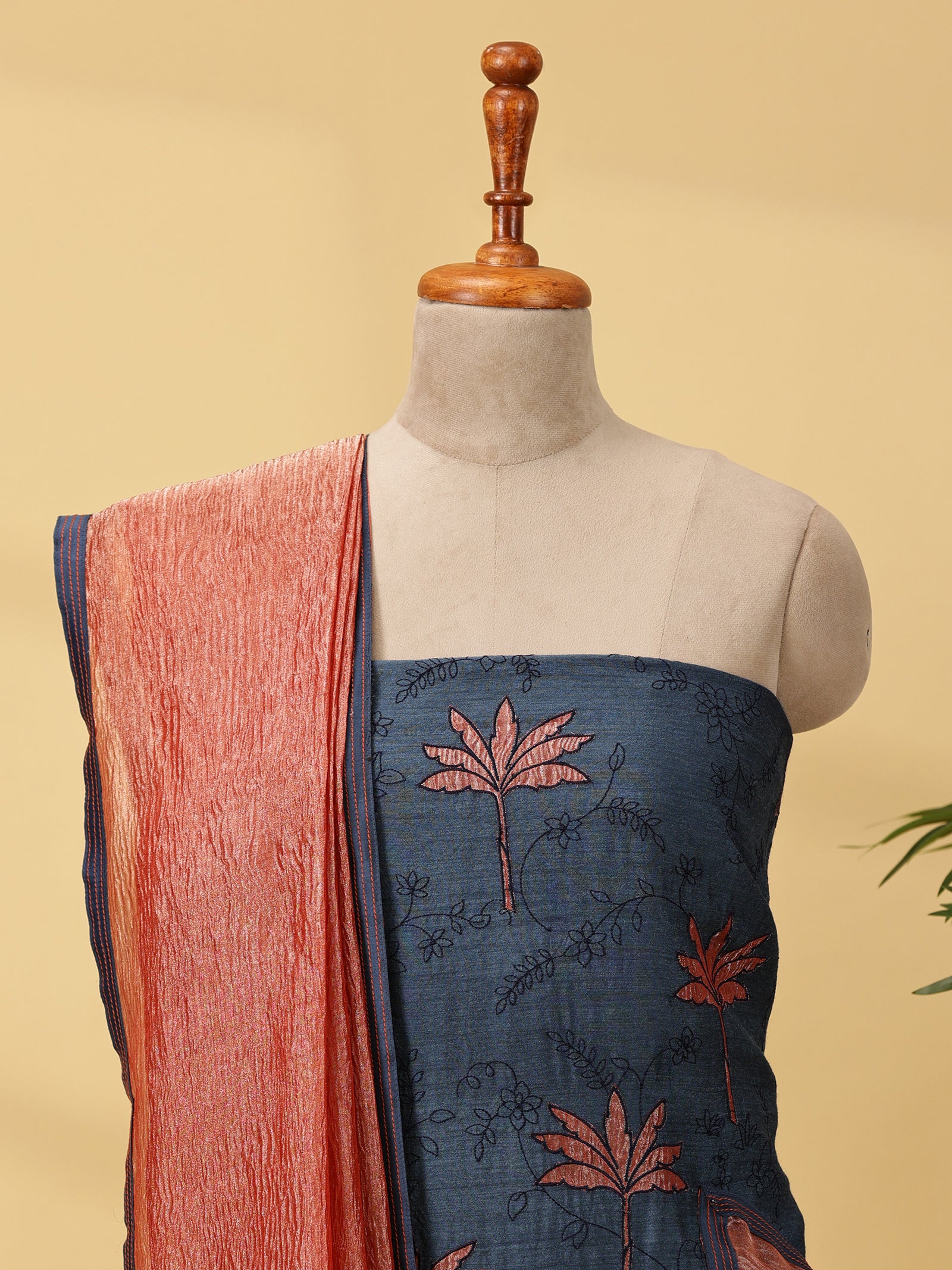 Tussar Silk Dress Material Set with Pitchwai Embroidery & Crush Tissue Dupatta