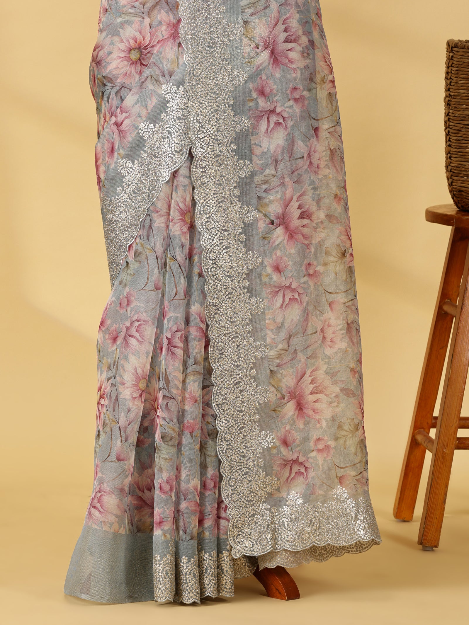 Blush Bloom Floral Organza Silk Saree with Embroidered Border