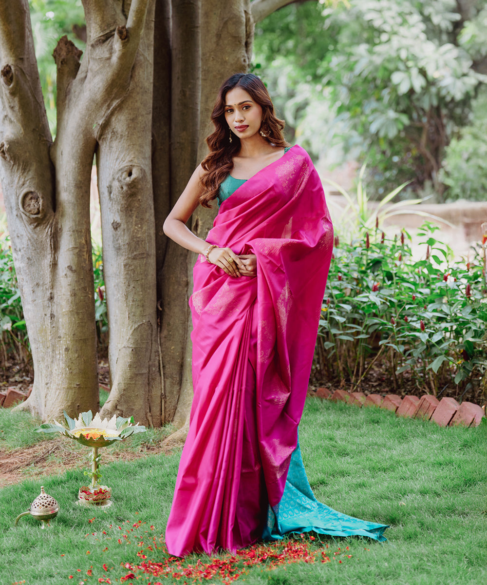 Handloom Silk Saree - Pink & Turquoise Colour