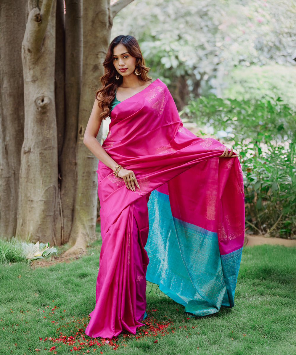 Handloom Silk Saree - Pink & Turquoise Colour