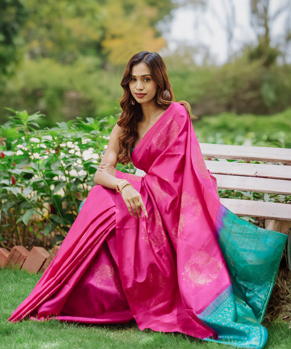 Handloom Silk Saree - Pink & Turquoise Colour