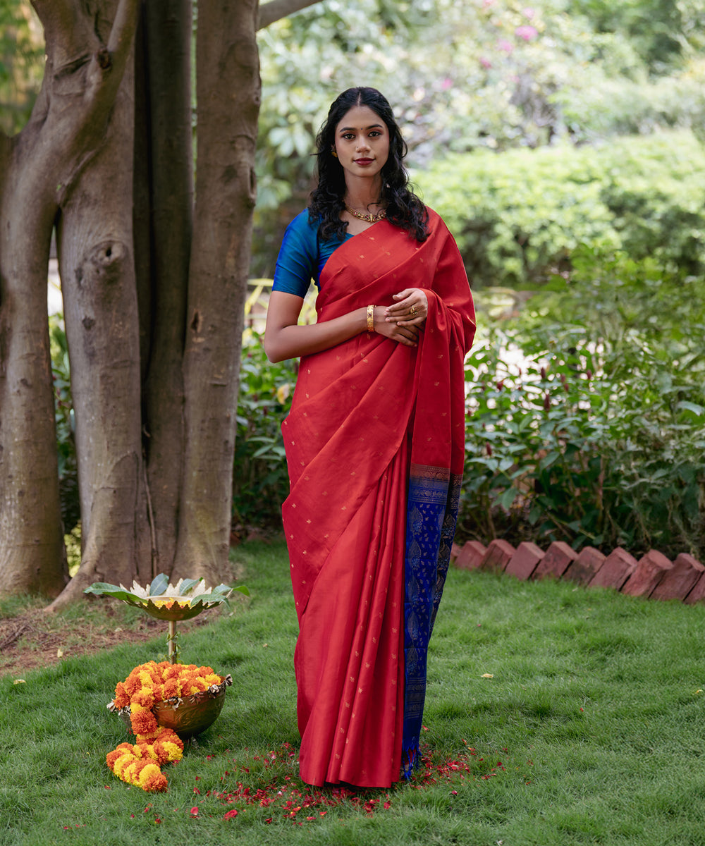 Handloom Silk Saree - Red & Blue Colour