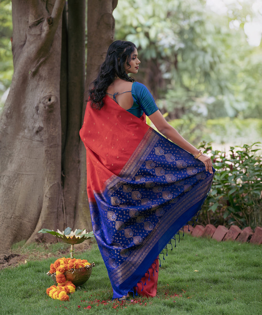 Handloom Silk Saree - Red & Blue Colour