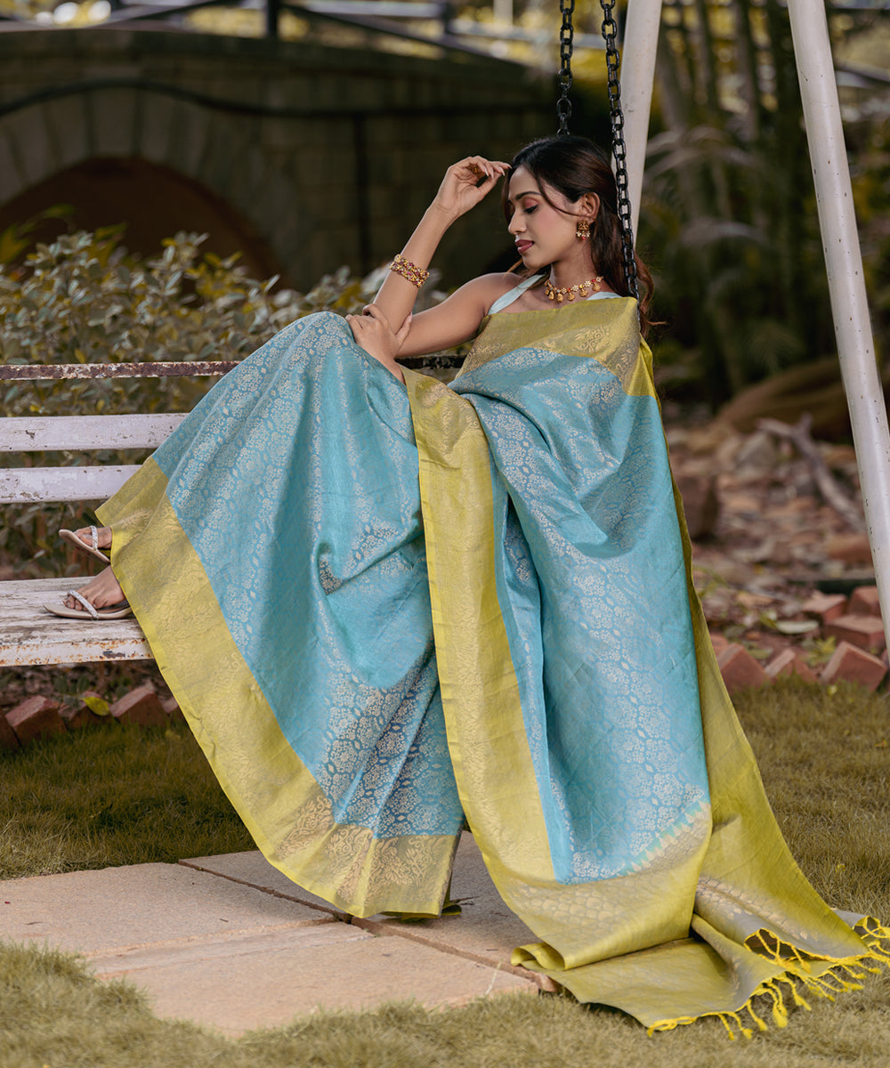 Handloom Silk Saree - Light Blue & Green Colour