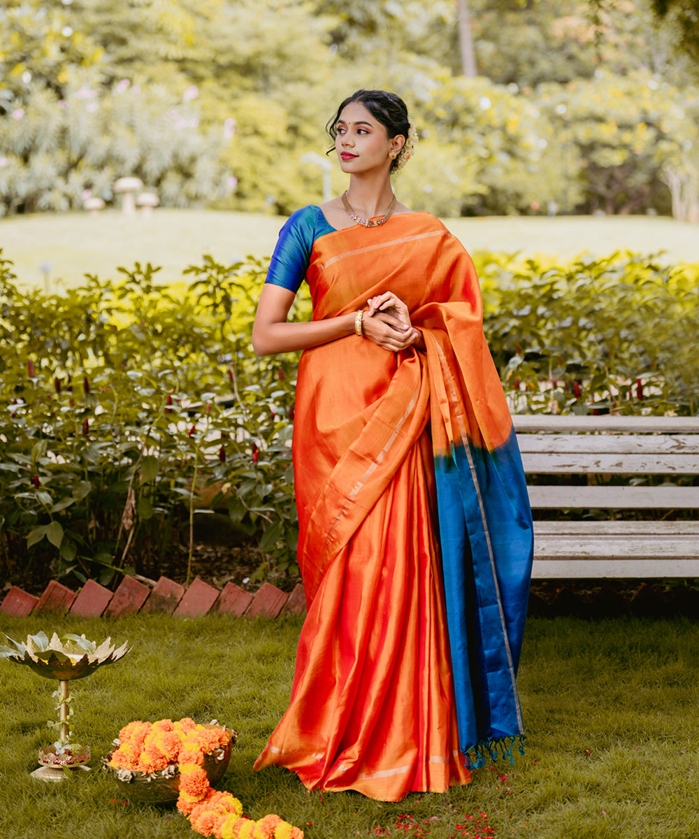 Handloom Silk Saree - Orange & Royal Blue Colour