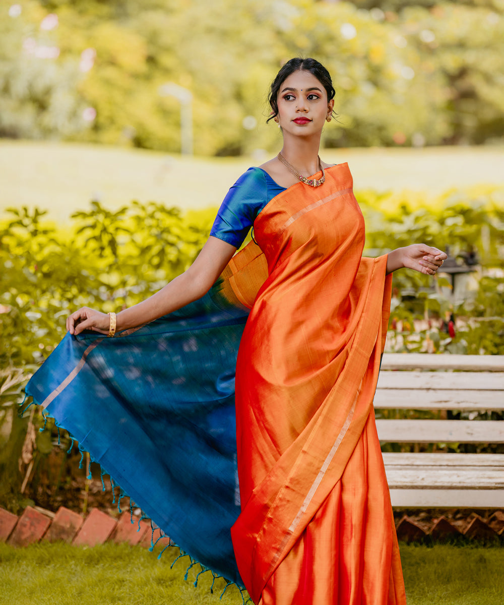 Handloom Silk Saree - Orange & Royal Blue Colour