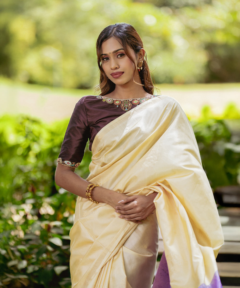 Handloom Silk Saree - Cream White & Lavender Colour