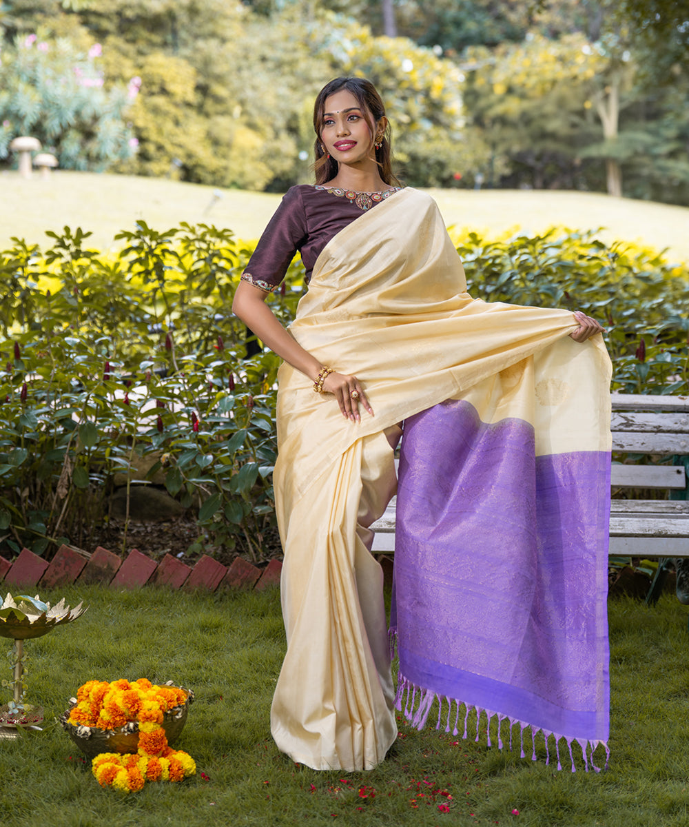 Handloom Silk Saree - Cream White & Lavender Colour