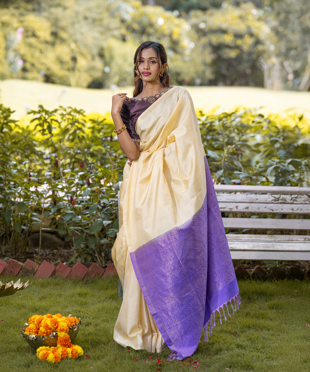 Handloom Silk Saree - Cream White & Lavender Colour