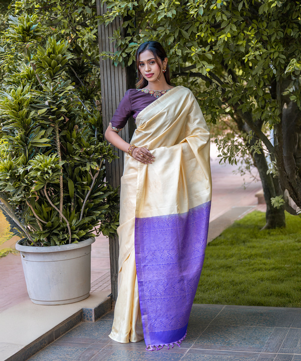 Handloom Silk Saree - Cream White & Lavender Colour