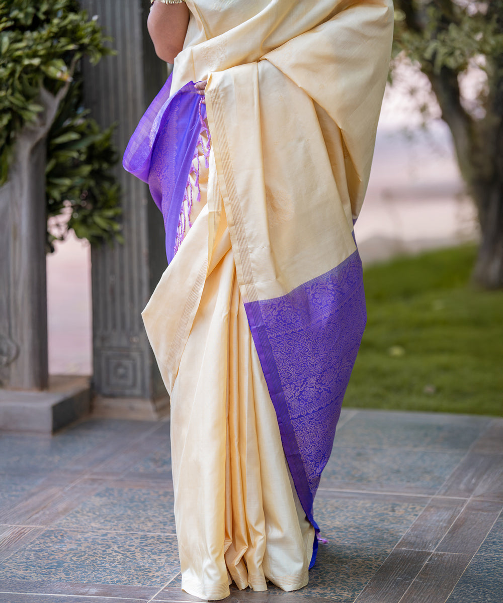 Handloom Silk Saree - Cream White & Lavender Colour