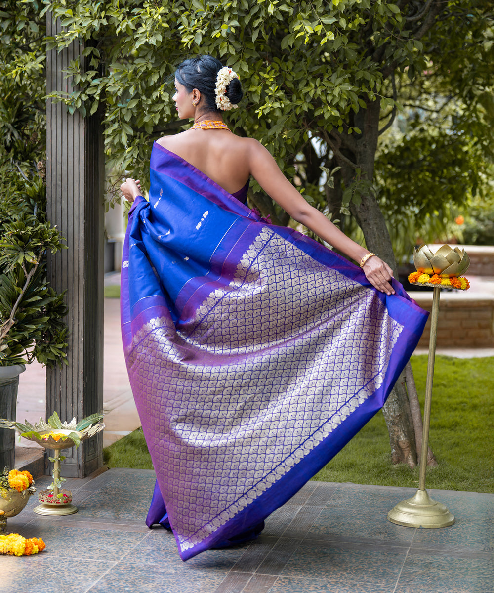 Handloom Silk Saree - Peacock Blue Saree With Jari Butta