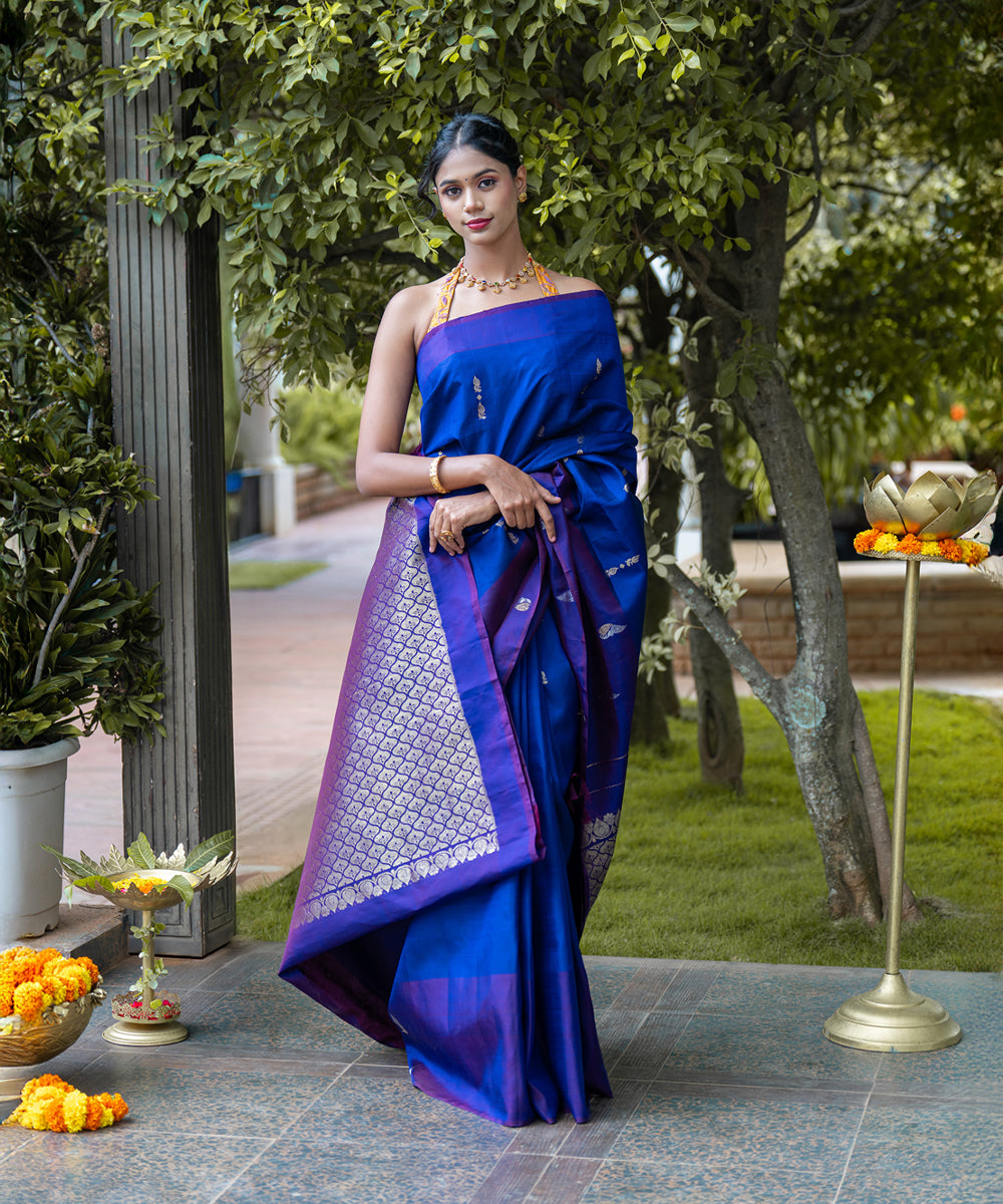 Handloom Silk Saree - Peacock Blue Saree With Jari Butta