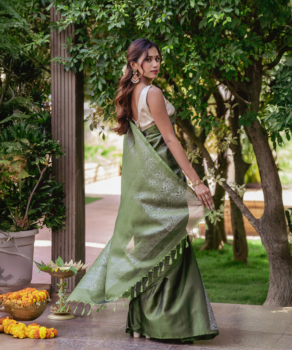 Handloom Silk Saree - Olive Green Brocade Saree