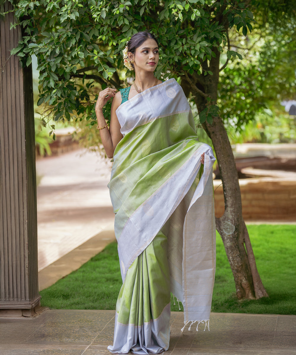 Handloom Silk Saree - Light Green & Silver Colour