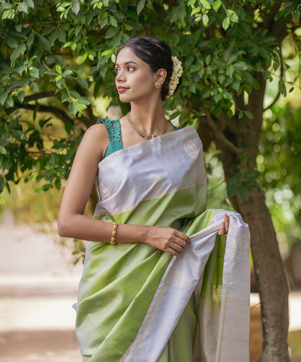 Handloom Silk Saree - Light Green & Silver Colour