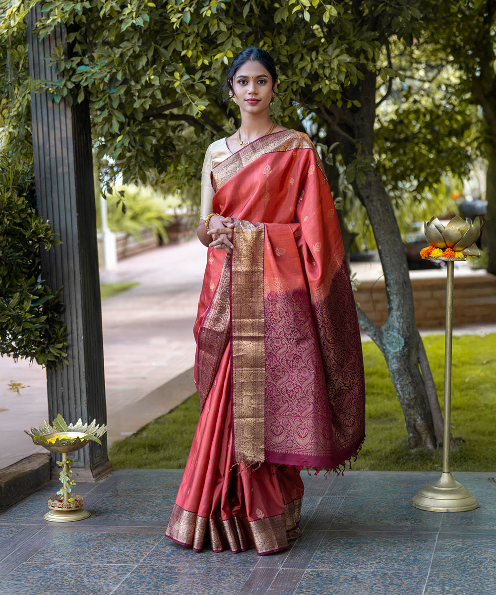 Handloom Silk Saree - Peach & Maroon Colour