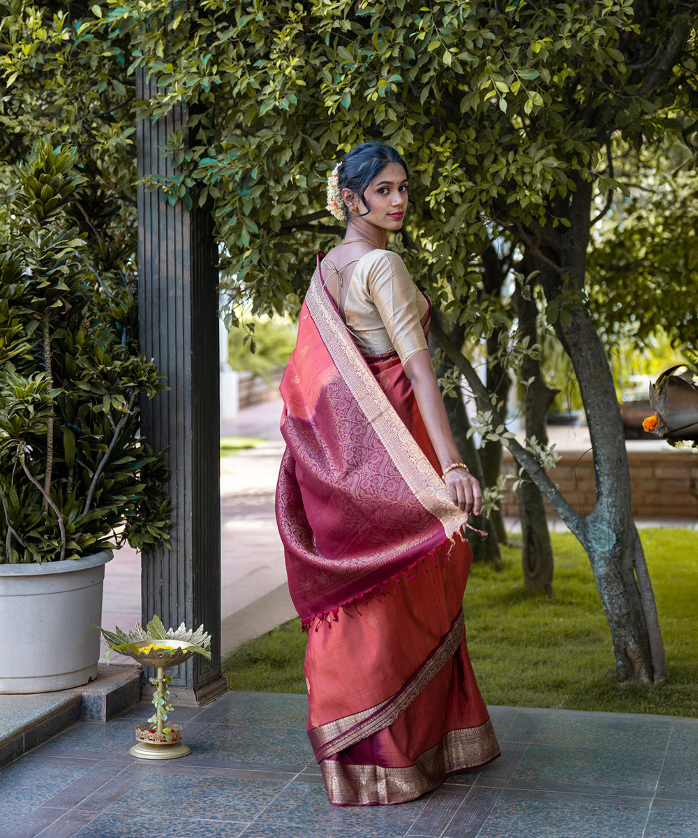 Handloom Silk Saree - Peach & Maroon Colour