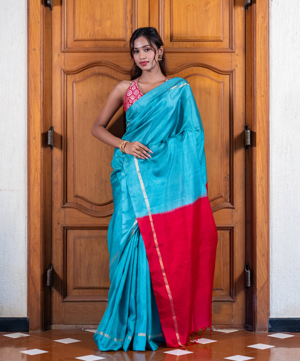 Handloom Silk Saree - Turquoise With Red Contrast