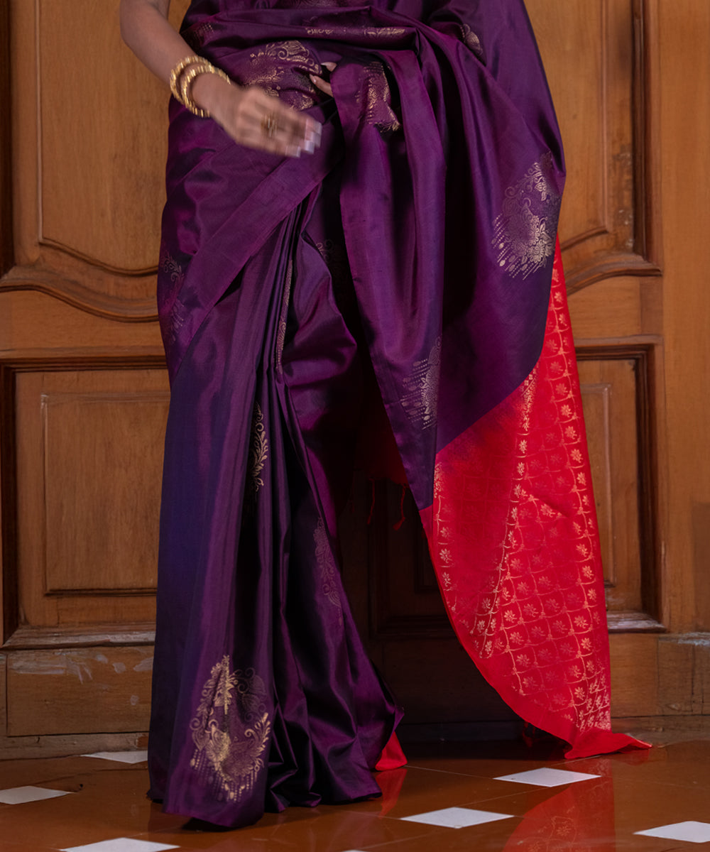 Handloom Silk Saree - Purple and Red Contrast