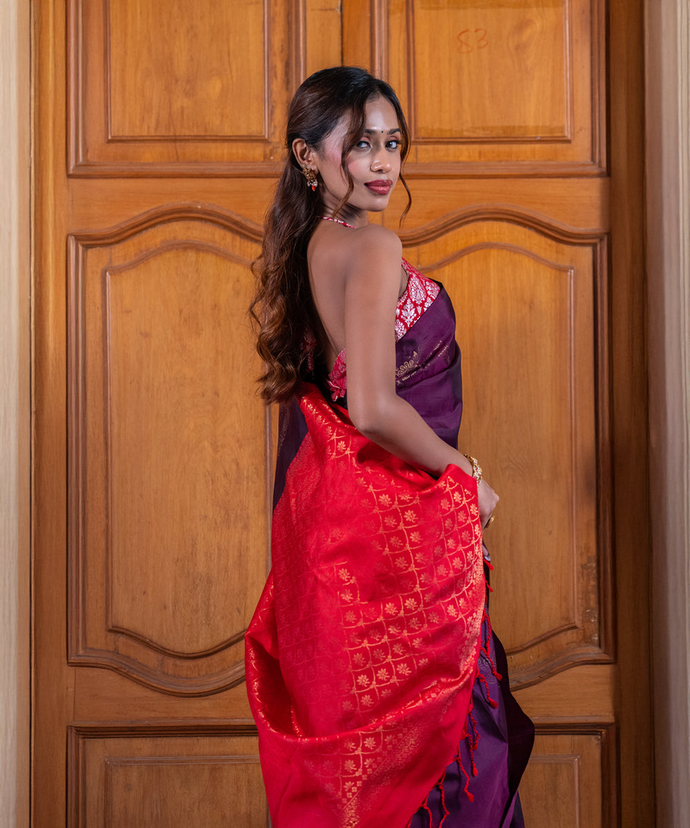 Handloom Silk Saree - Purple and Red Contrast