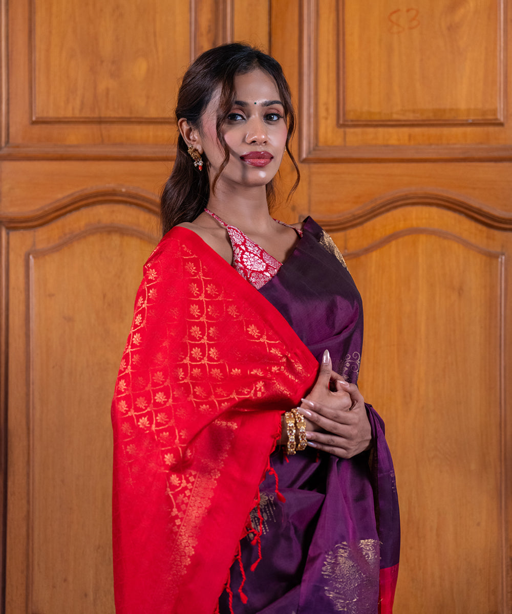 Handloom Silk Saree - Purple and Red Contrast