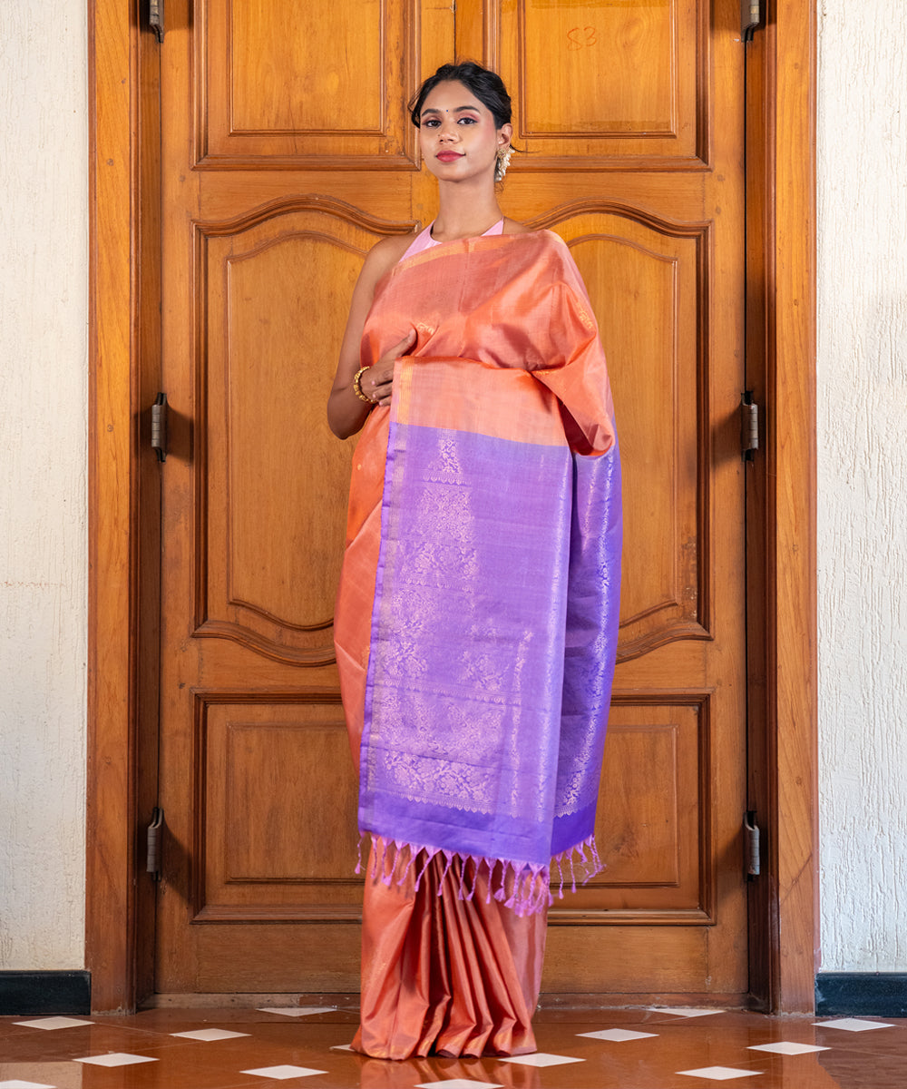 Handloom Silk Saree - Peach & Lavender Contrast