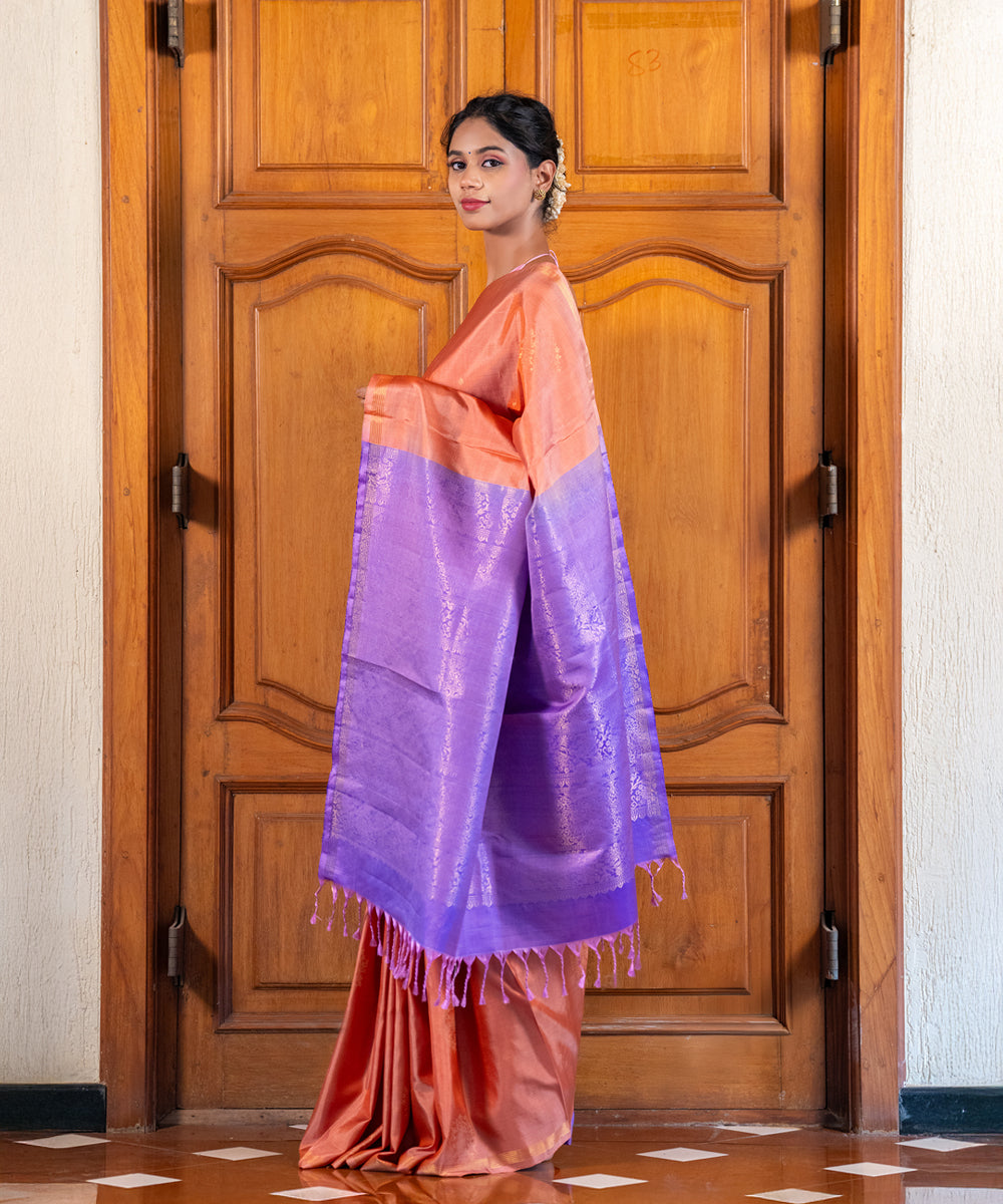 Handloom Silk Saree - Peach & Lavender Contrast