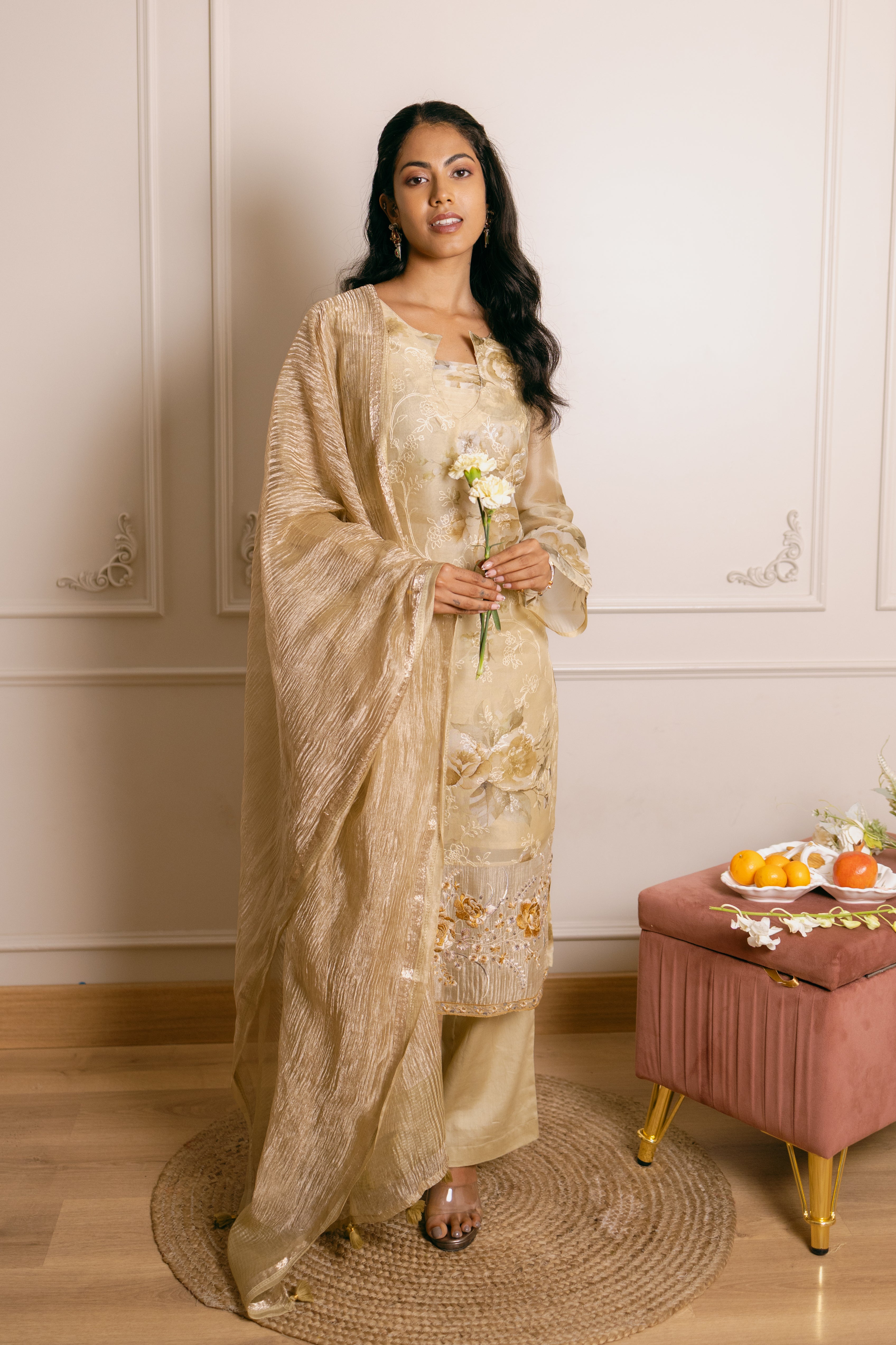 Floral Printed Pure Organza Silk Dress Material with Embroidery