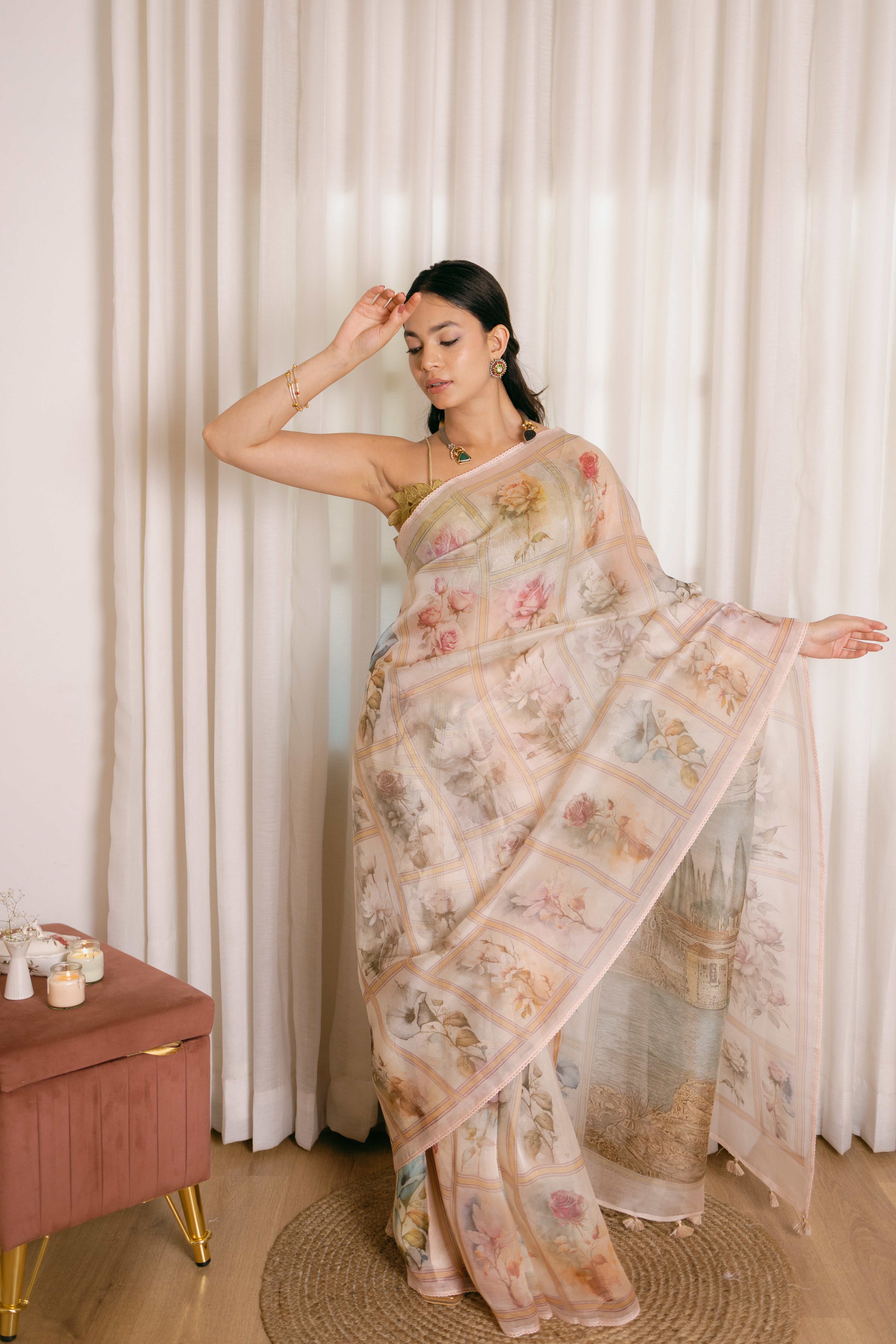 Pure Organza Silk Saree | With Vintage Prints