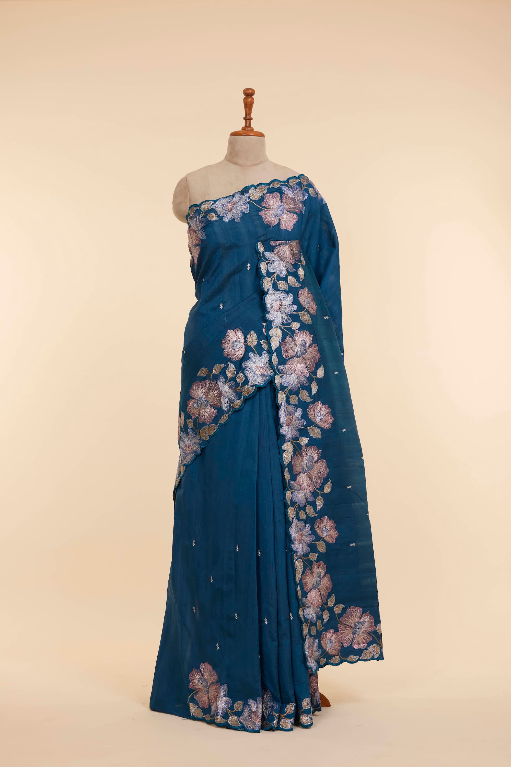 Scallop Border Semi Raw Silk Indigo Blue Colour Saree With Floral Embroidery Work Border