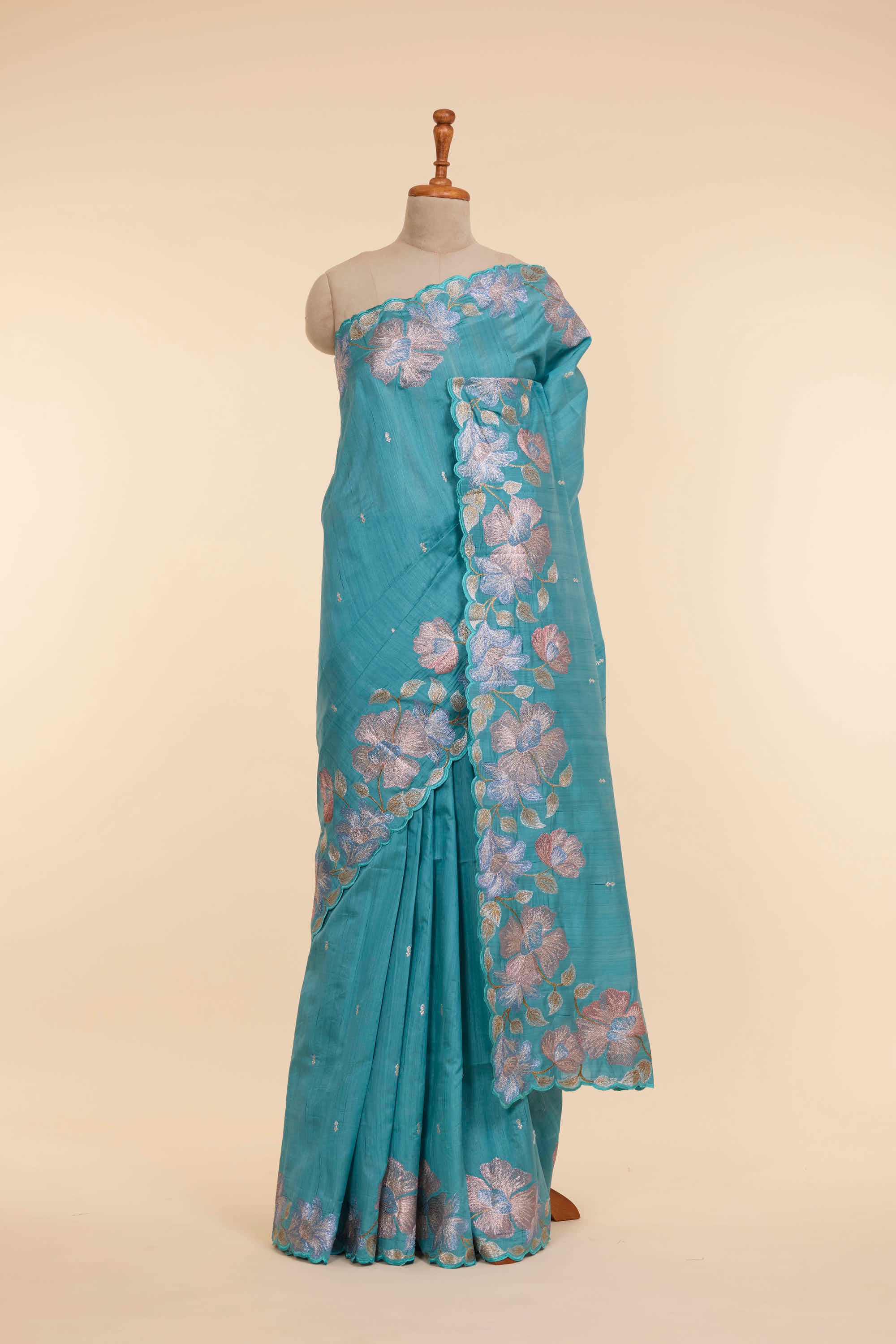 Scallop Border Semi Raw Silk Teal Blue Colour Saree With Floral Embroidery Work Border