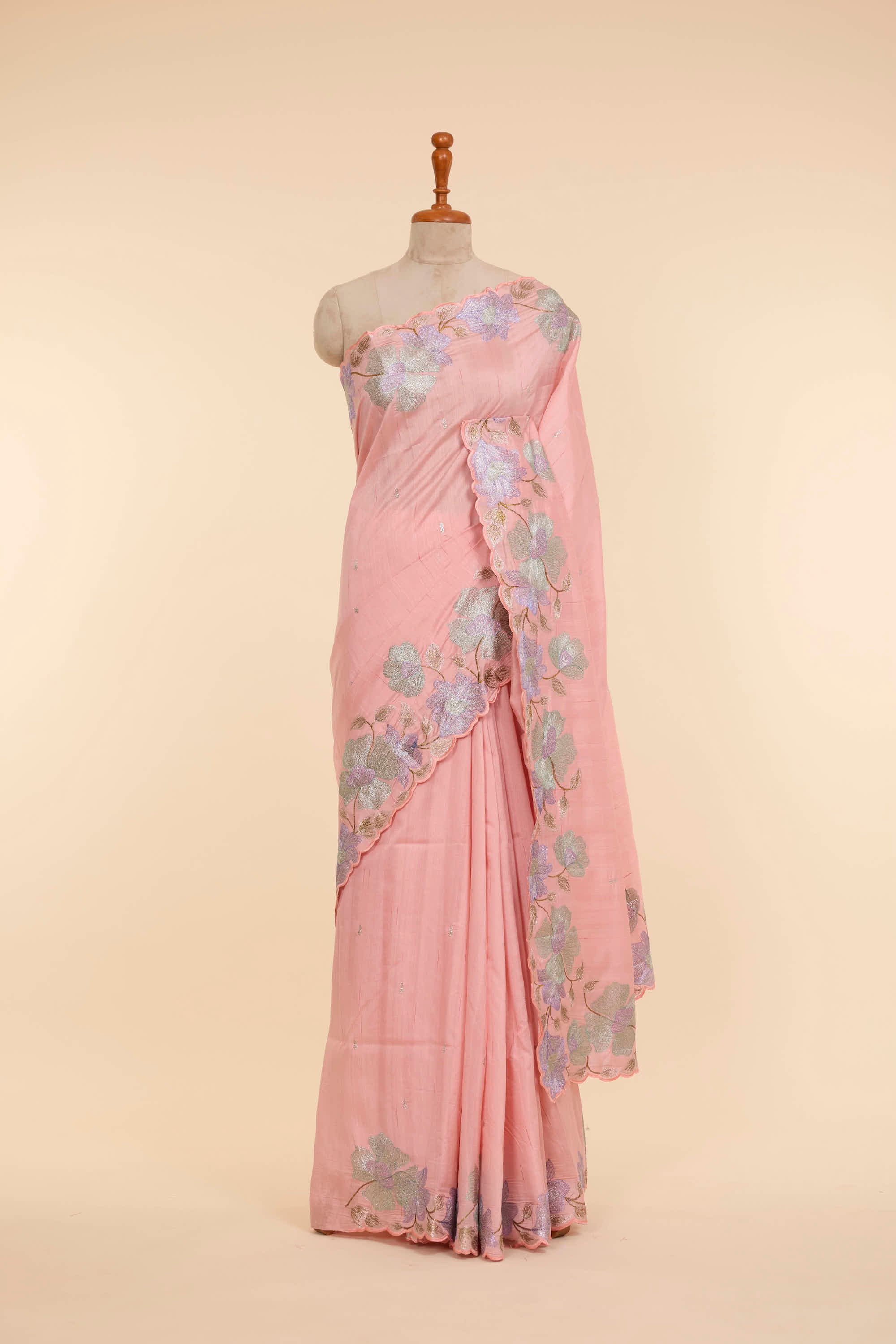 Scallop Border Semi Raw Silk Light Peach Colour Saree With Floral Embroidery Work Border