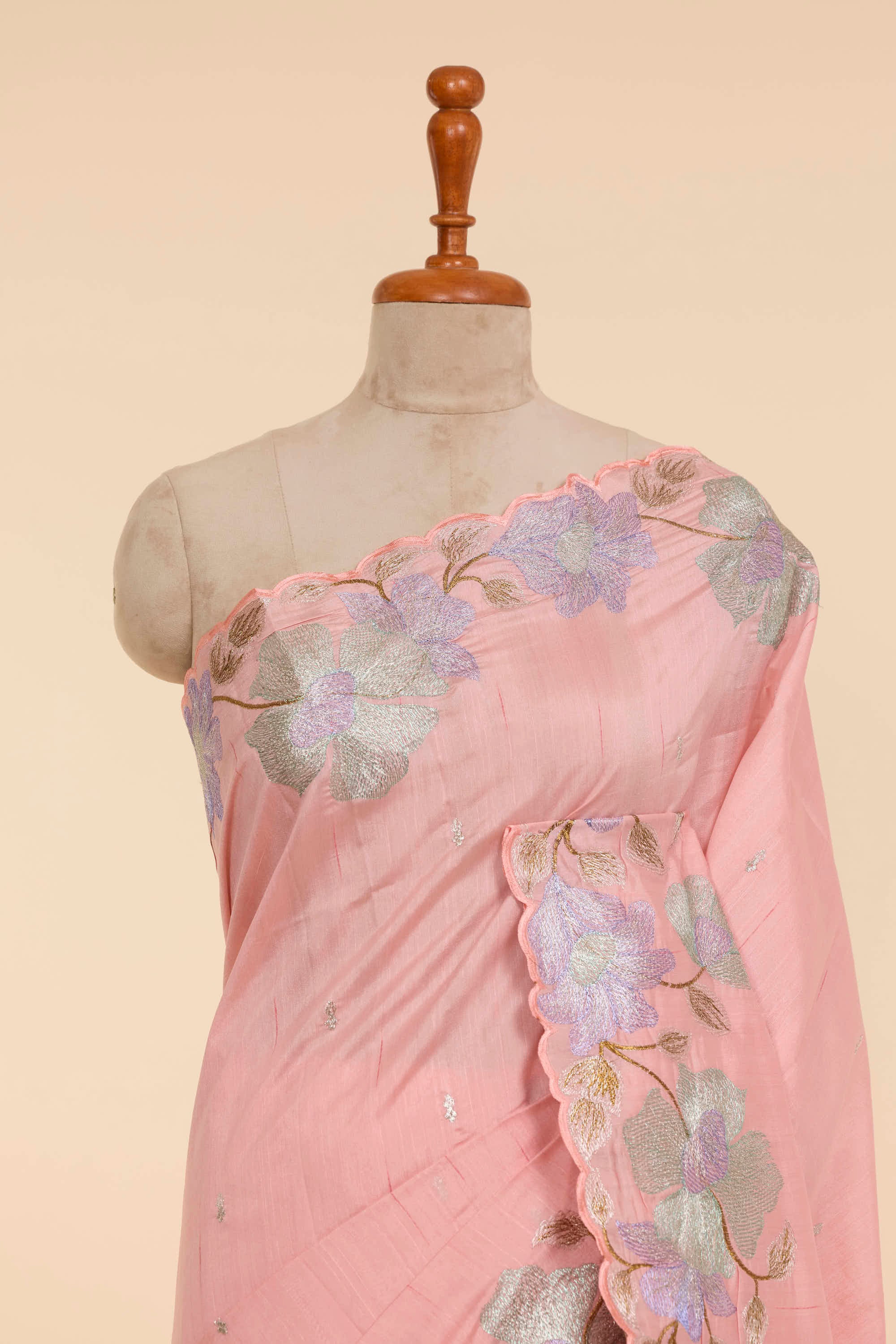 Scallop Border Semi Raw Silk Light Peach Colour Saree With Floral Embroidery Work Border