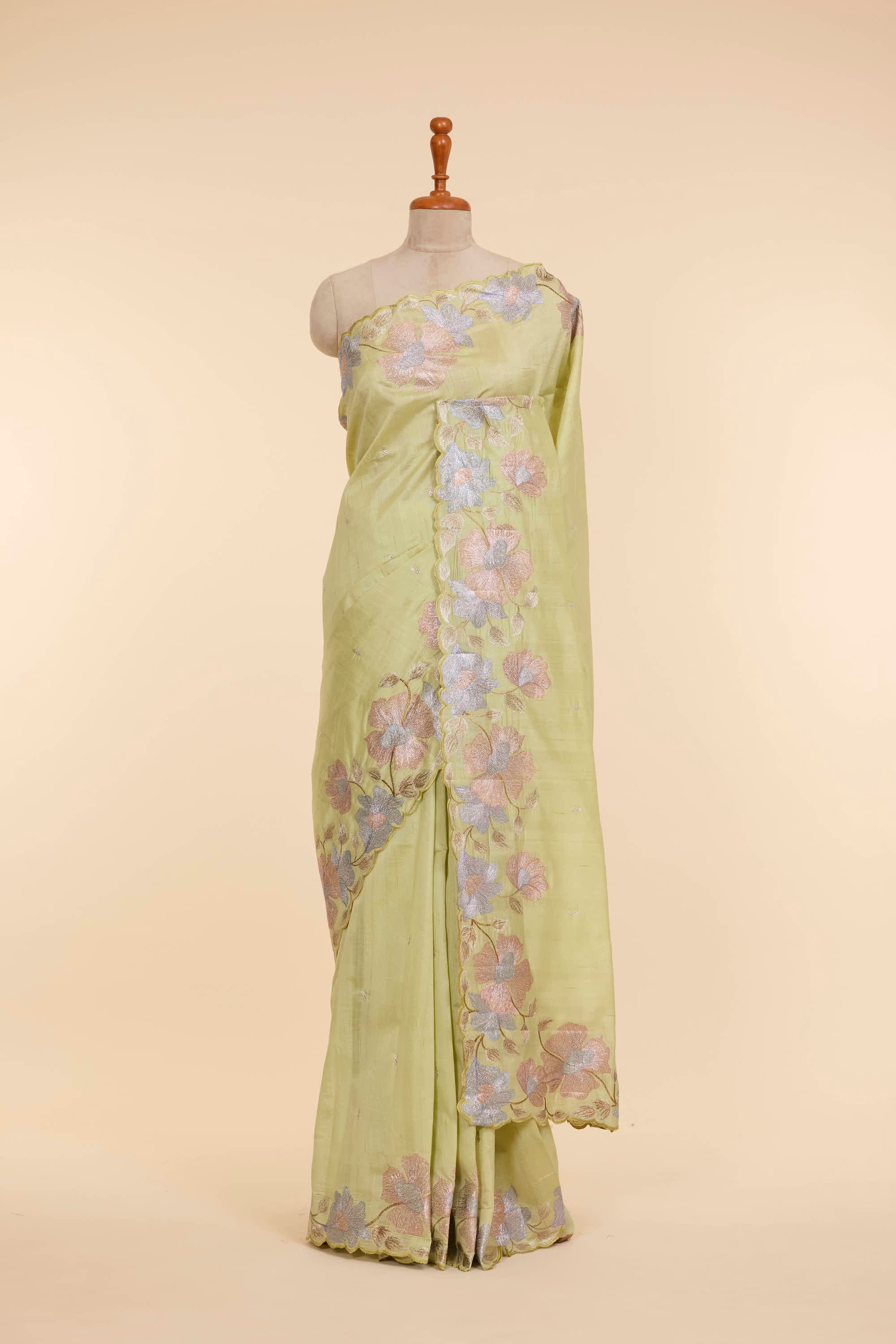 Scallop Border Semi Raw Silk Sage Green Colour Saree With Floral Embroidery Work Border