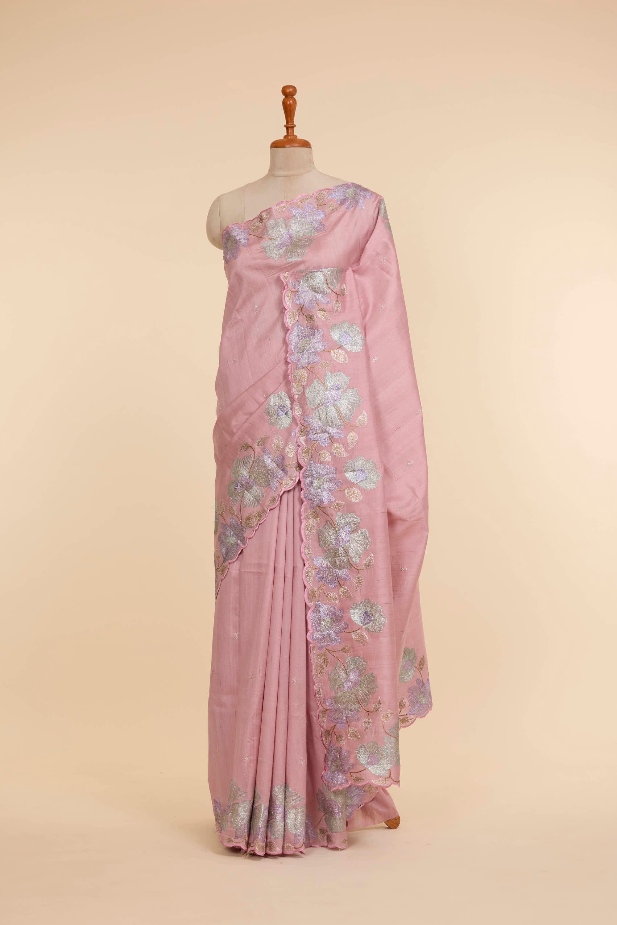 Scallop Border Semi Raw Silk Light Pink Colour Saree With Floral Embroidery Work Border