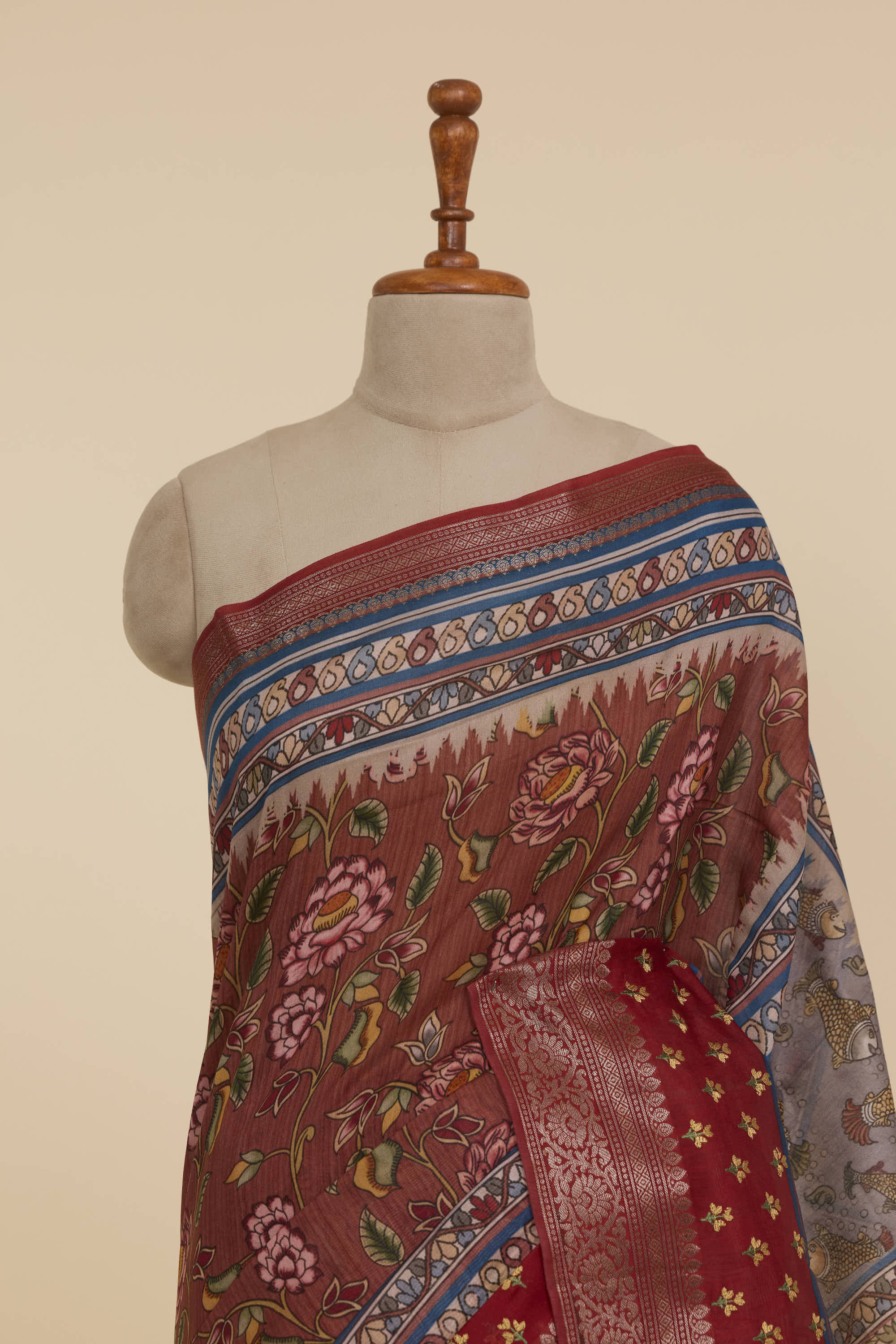 Kalamkari Chanderi Maroon Red Banarasi Saree With Antique Jari