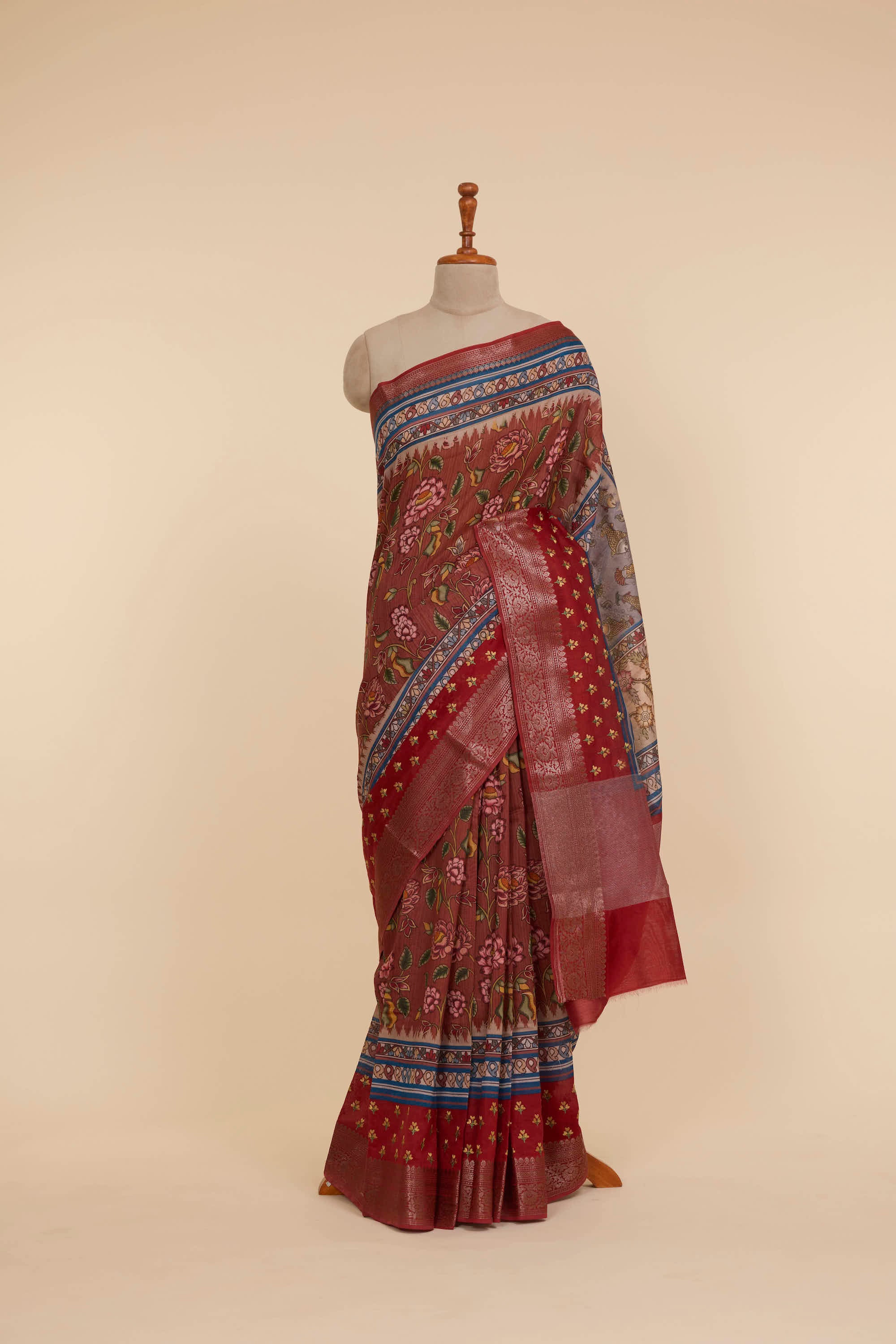 Kalamkari Chanderi Maroon Red Banarasi Saree With Antique Jari