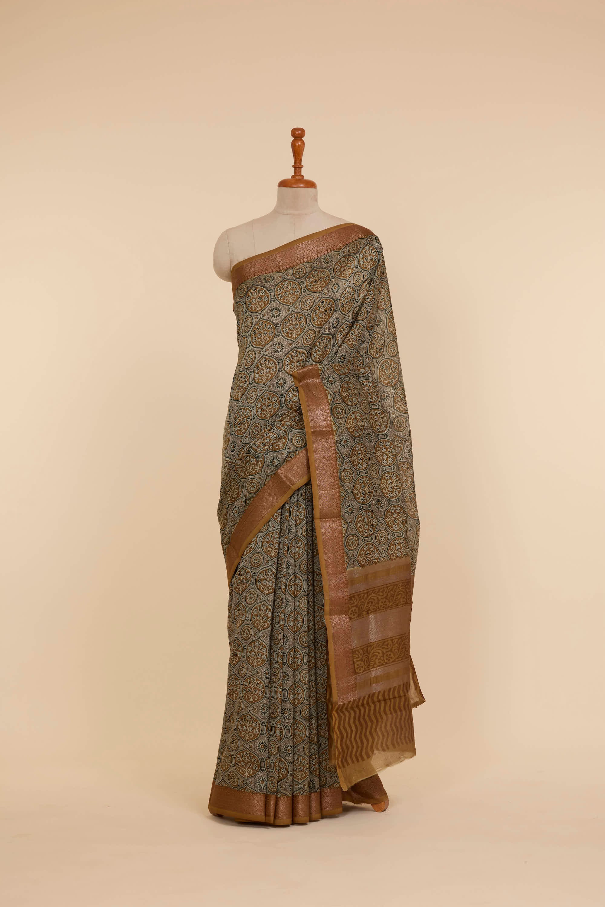 Chanderi Print Banarasi Saree Mustard Green Combination With Antique Jari