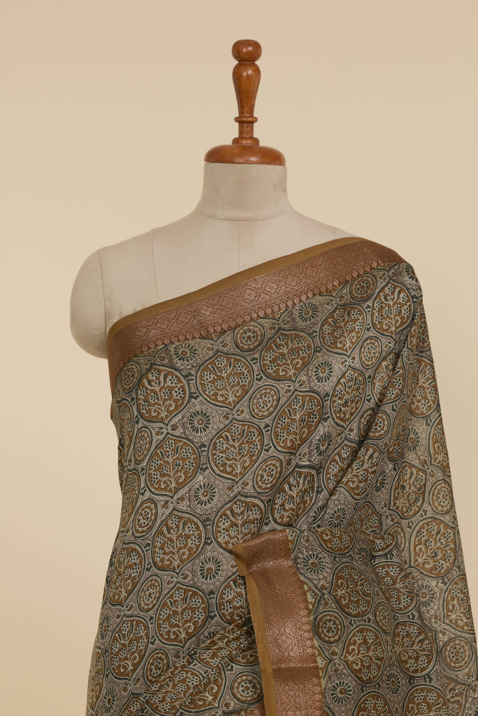 Chanderi Print Banarasi Saree Mustard Green Combination With Antique Jari