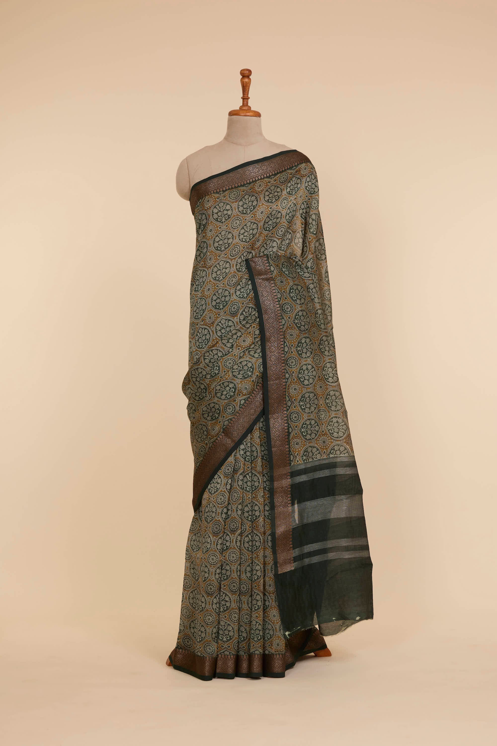 Chanderi Print Banarasi Saree Green & Yellow Contrast With Antique Jari