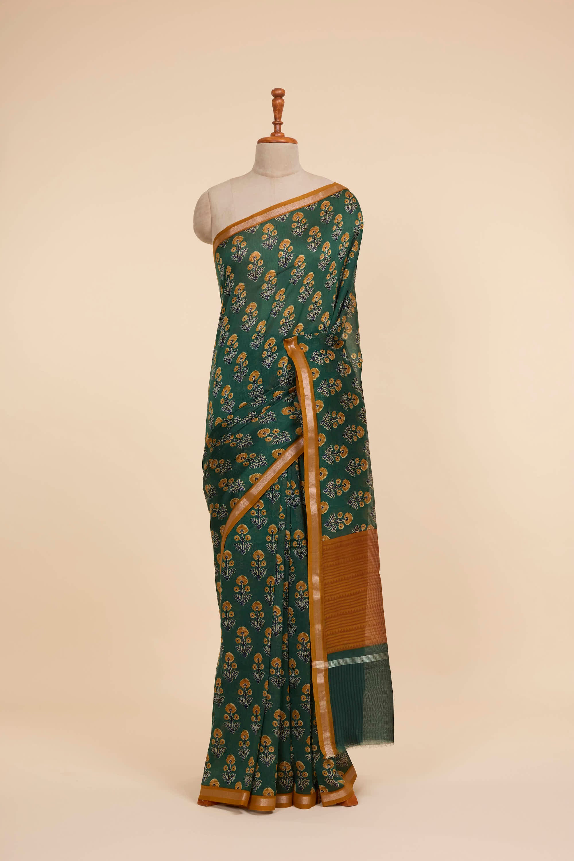 Chanderi Silk Saree Green & Yellow Contrast With Floral Butta & Jari Border