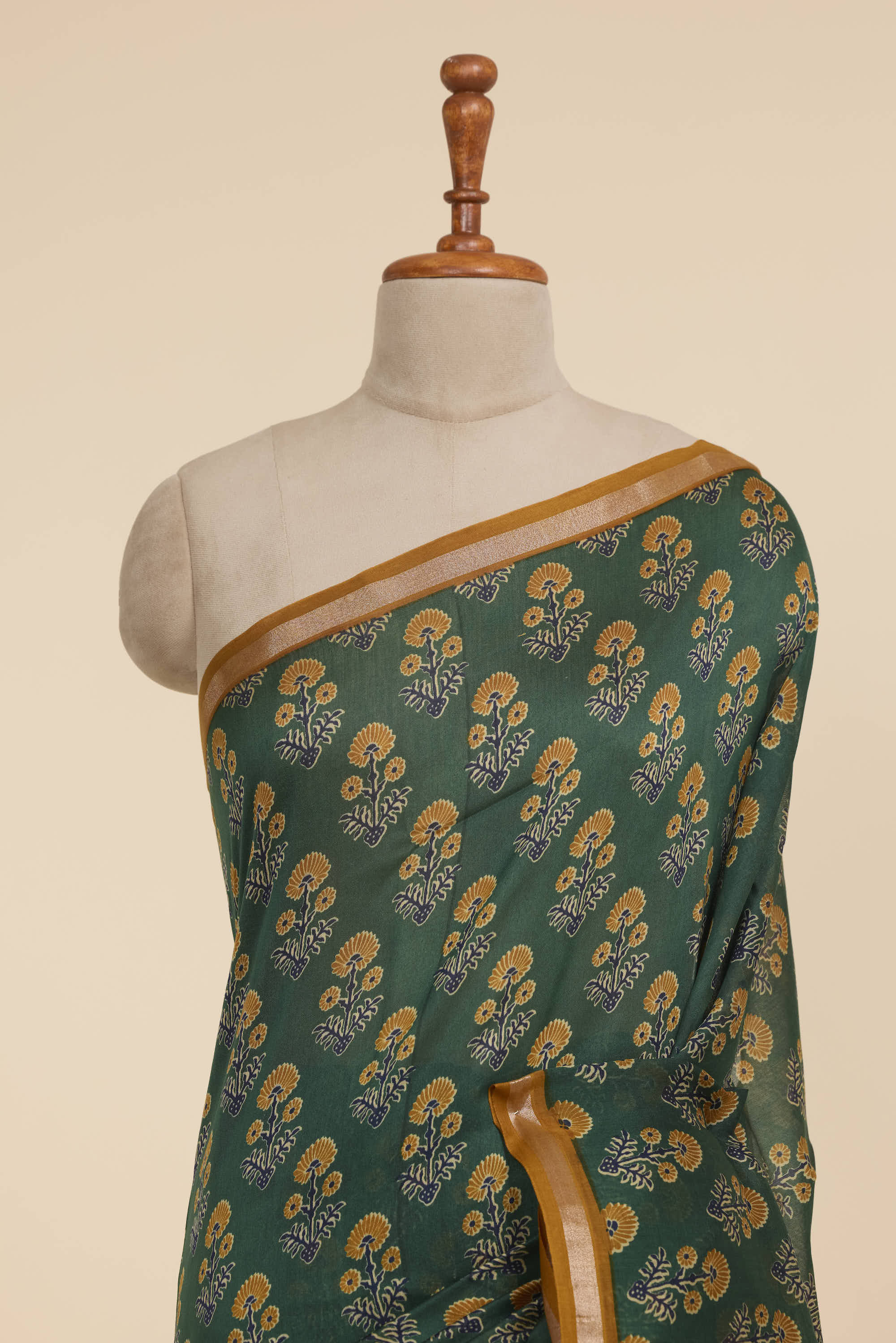 Chanderi Silk Saree Green & Yellow Contrast With Floral Butta & Jari Border