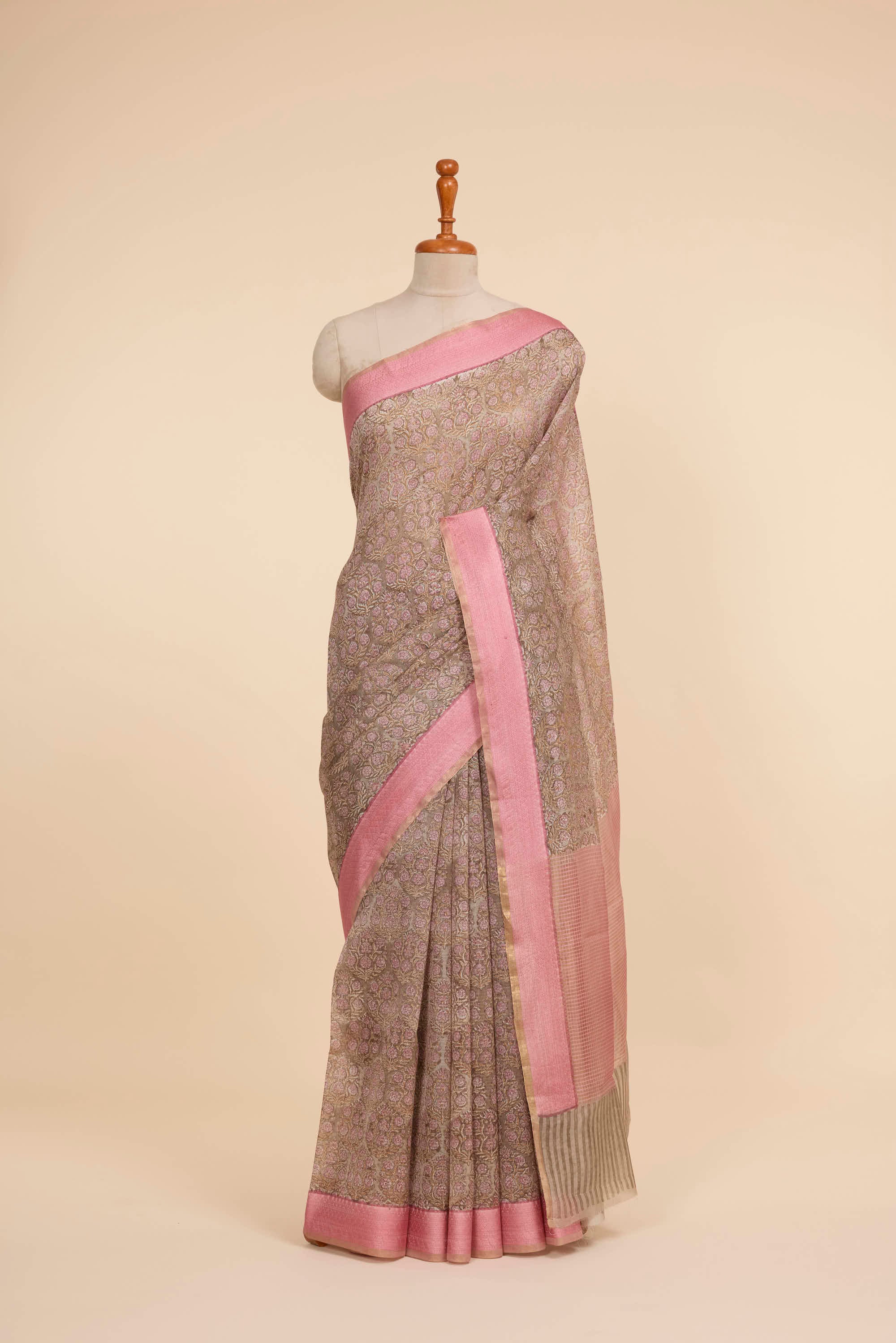 Chanderi Silk Baby Pink Contrast With Floral Butta & Jari Border