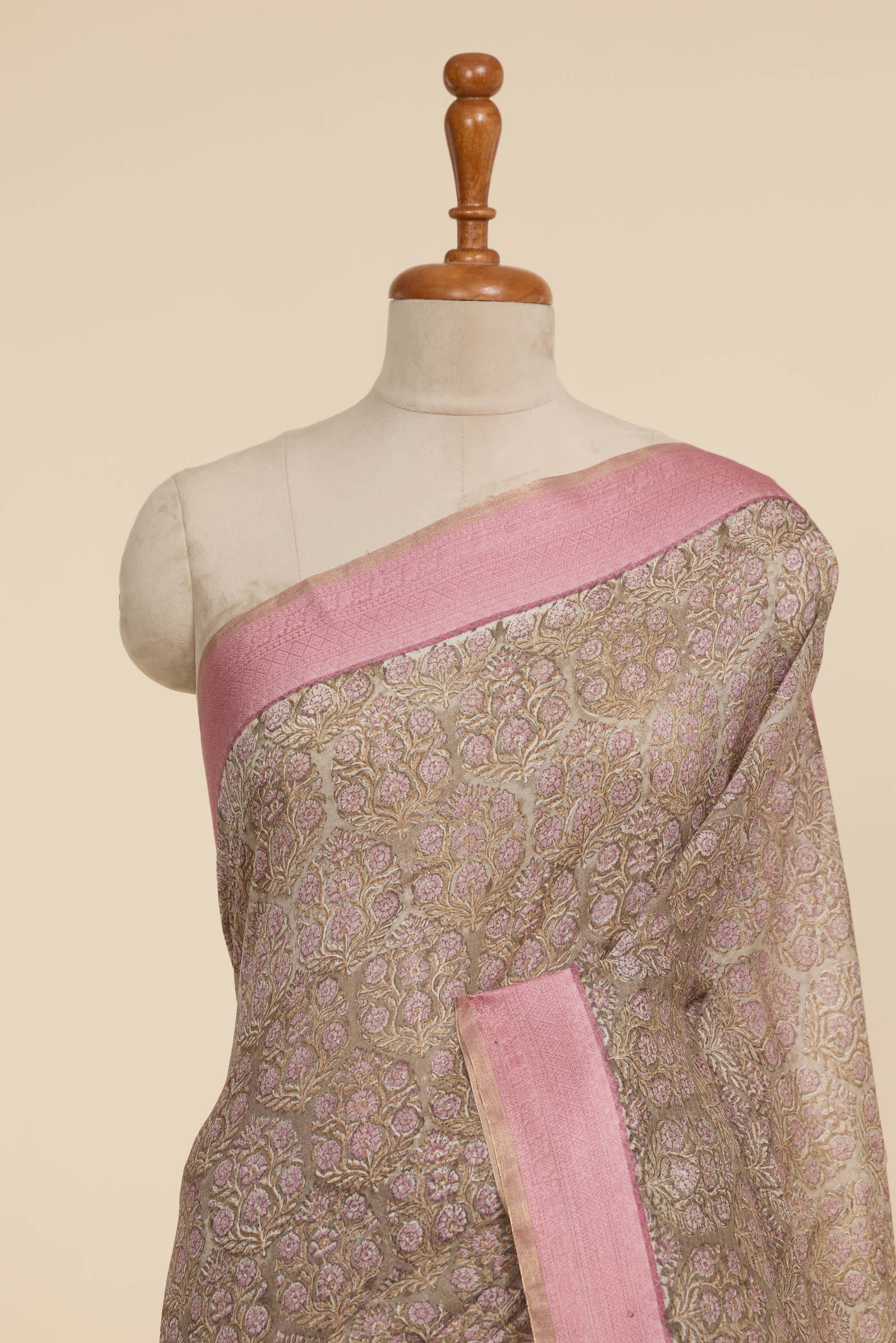 Chanderi Silk Baby Pink Contrast With Floral Butta & Jari Border