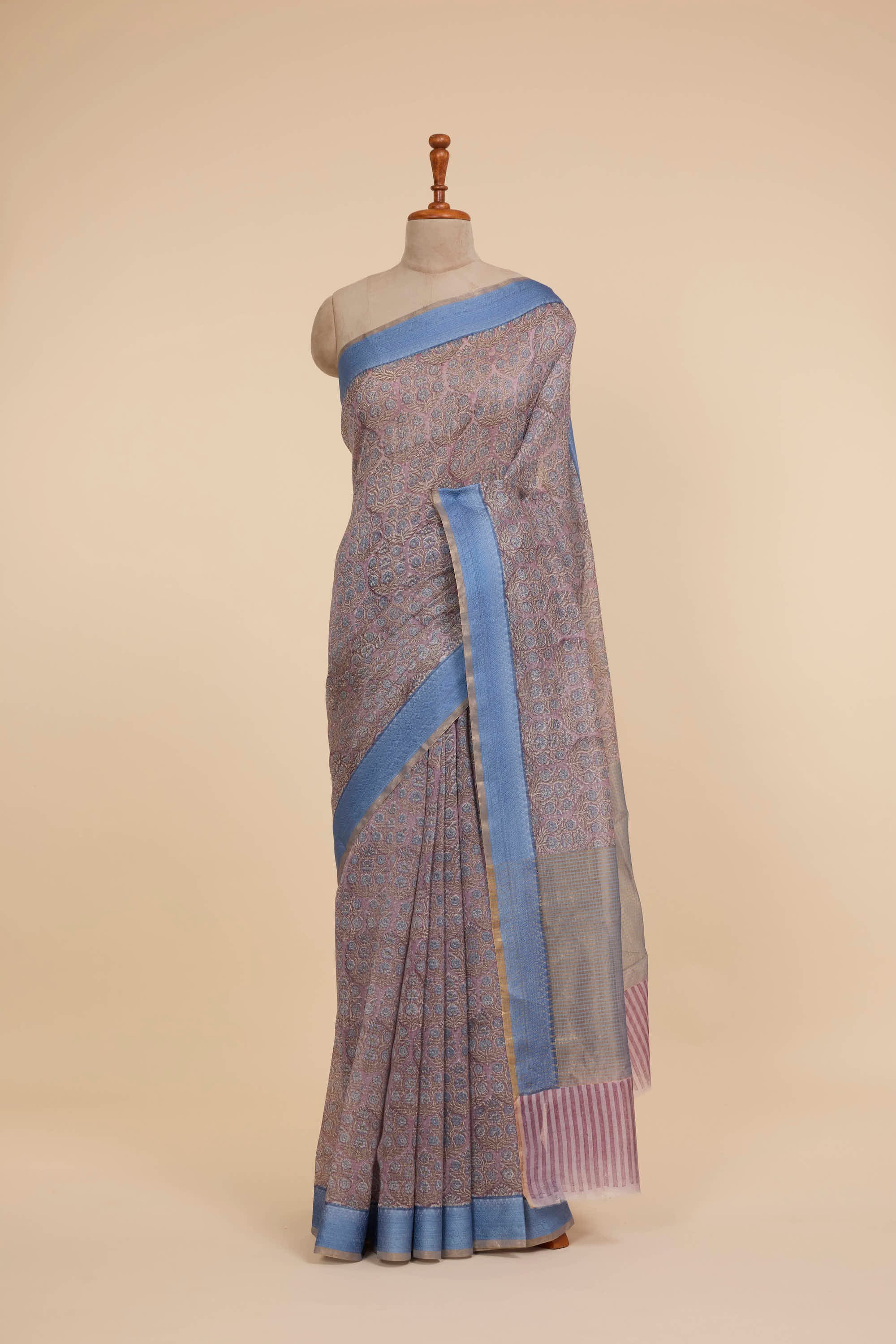 Chanderi Silk Saree Light Pink & Blue Contrast With Floral Butta & Jari Border