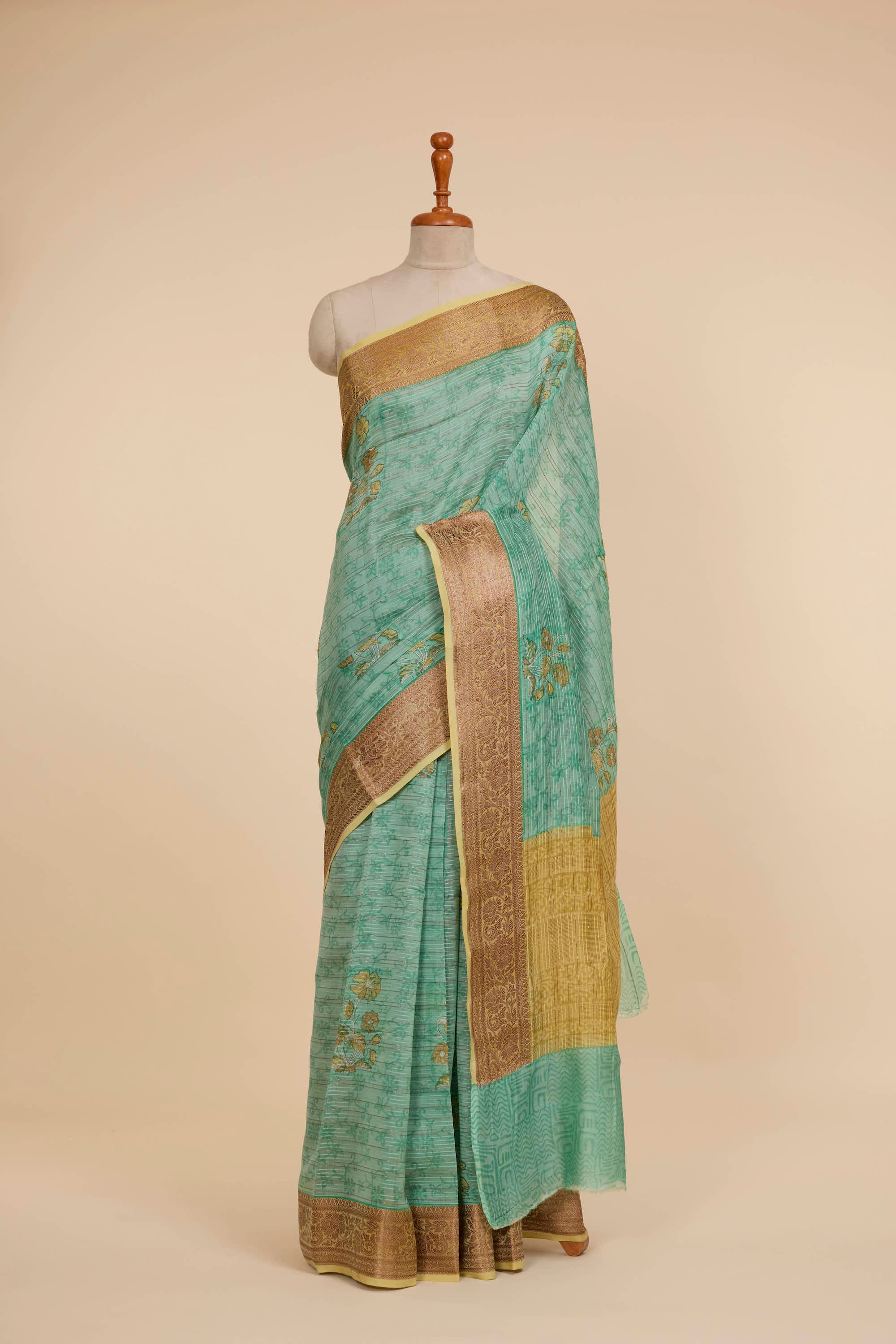 Chanderi Silk Saree Teal Green & Yellow Contrast With Floral Butta