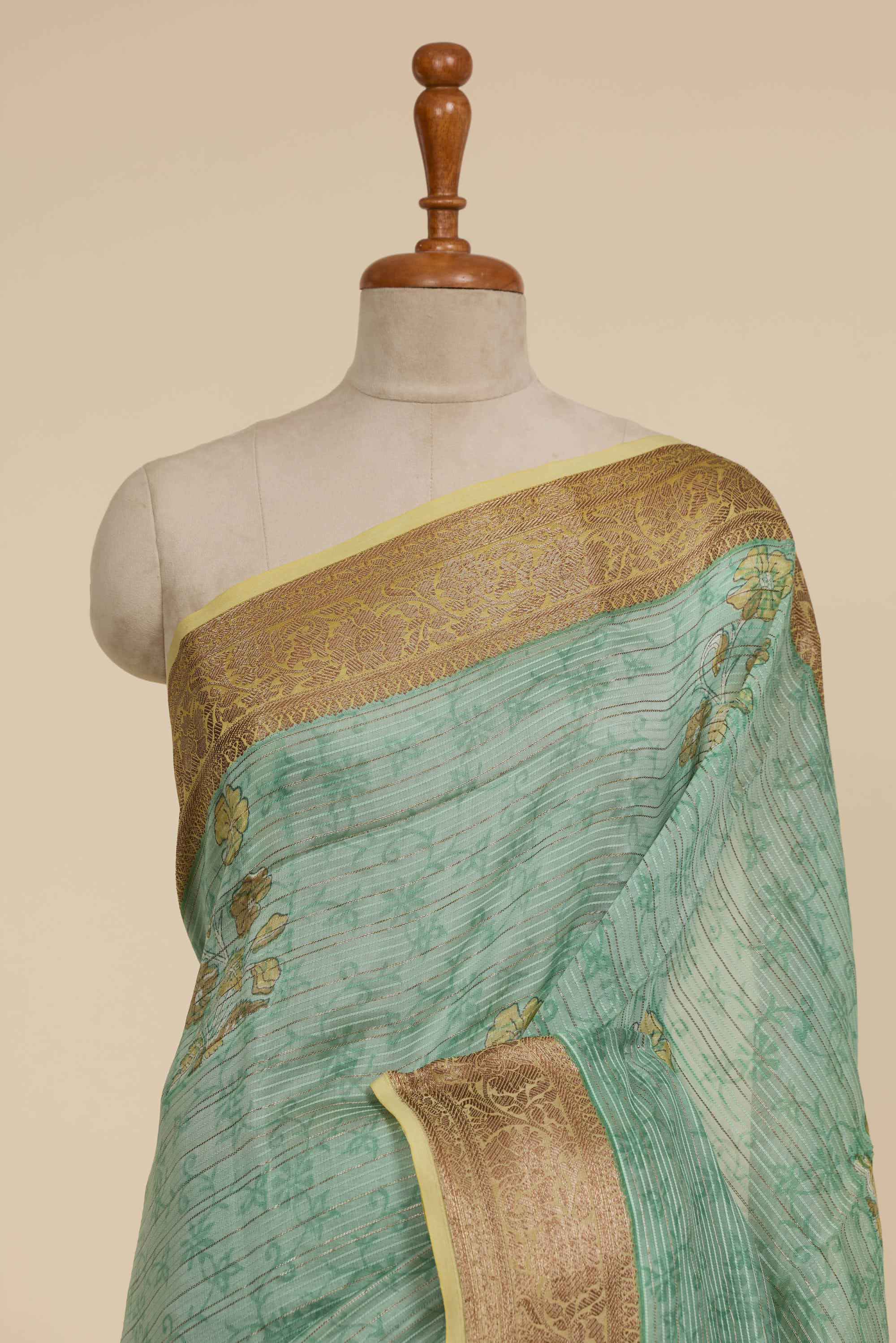 Chanderi Silk Saree Teal Green & Yellow Contrast With Floral Butta