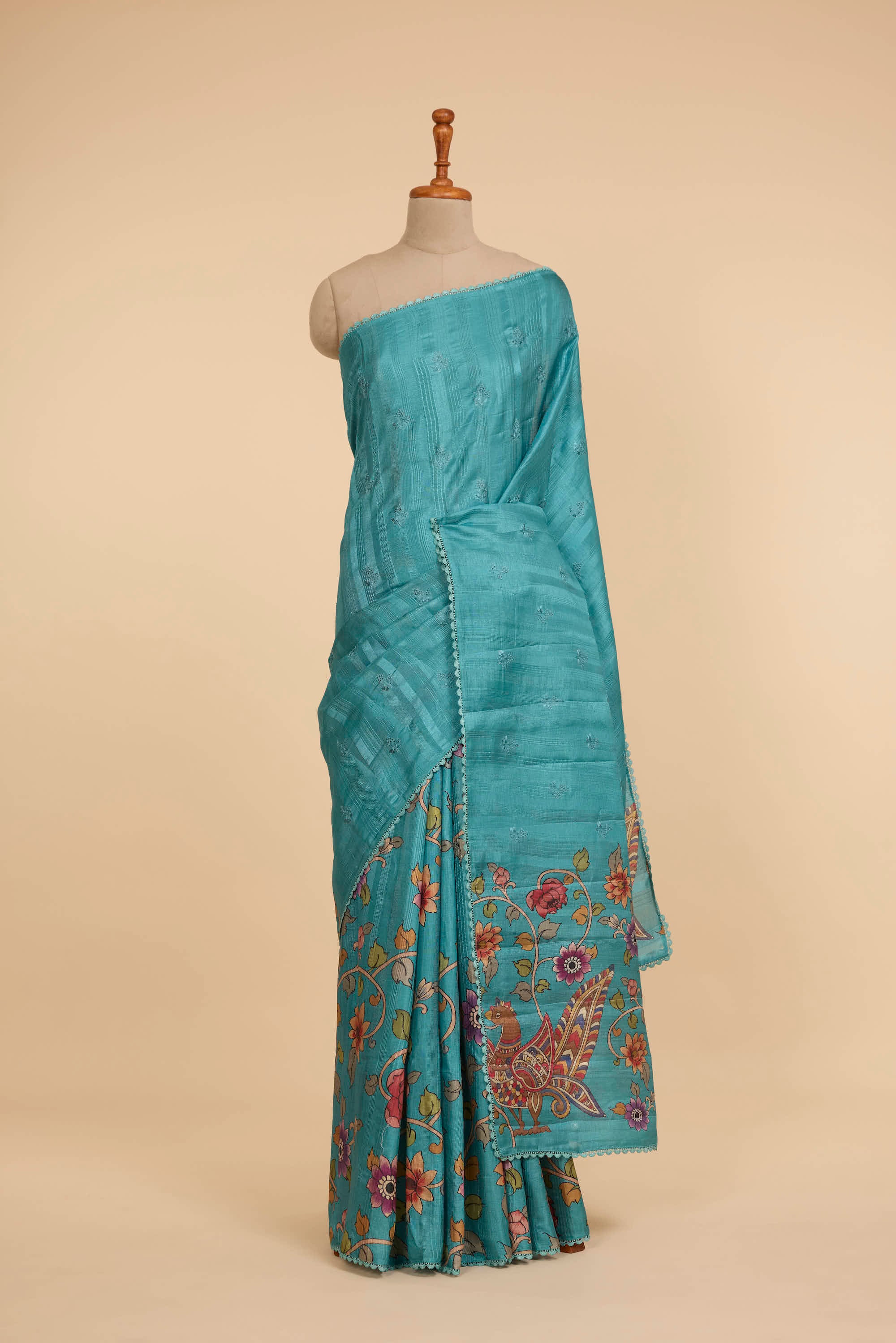 Kalamkari Dola Silk Turquoise Cream Colour With Crochet Border