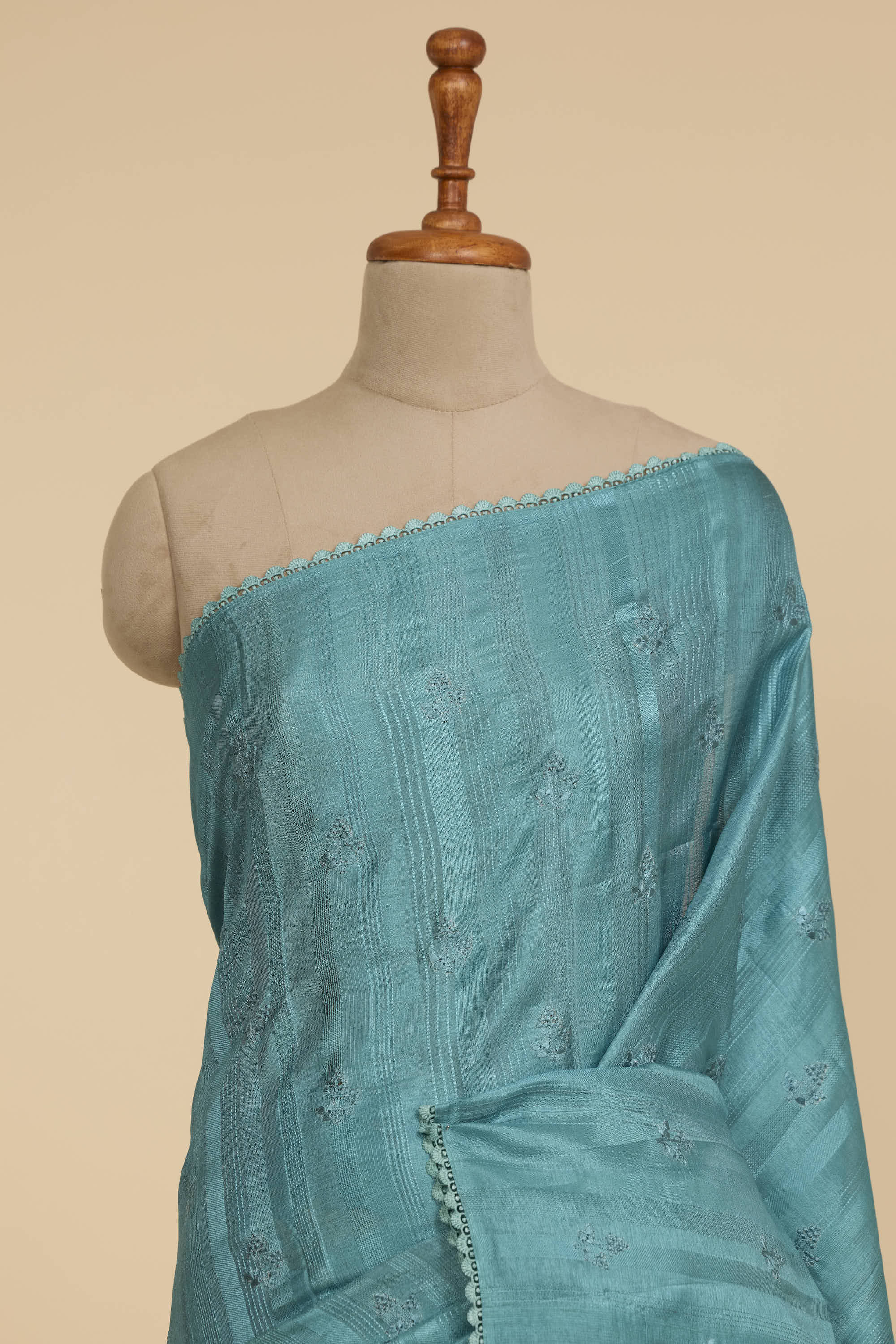 Kalamkari Dola Silk Turquoise Cream Colour With Crochet Border